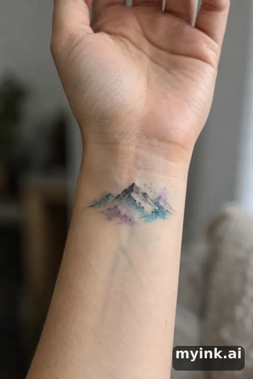 Tiny mountain outline — Watercolor Wrist Tattoo reference image