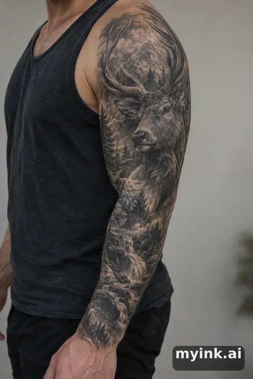 Stag head — Realistic Sleeve Tattoo reference image