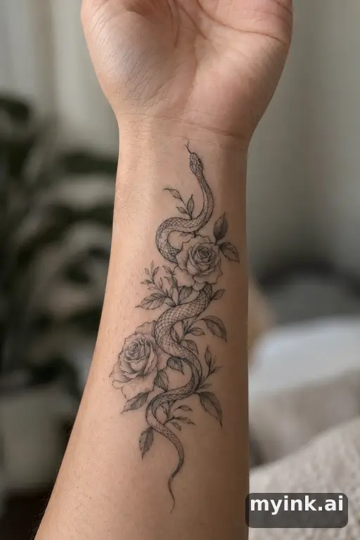 Snake winding through roses — Fine Line Tattoo reference image