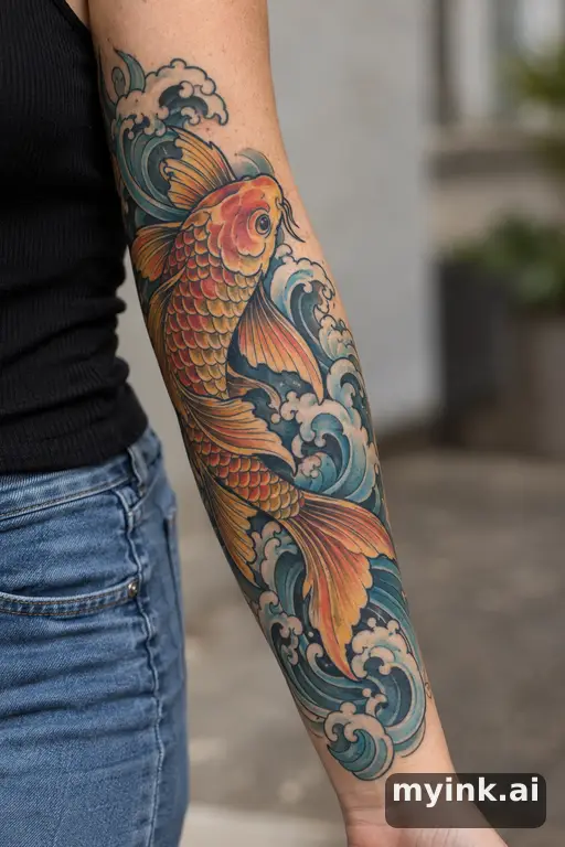 Koi fish swimming through waves — Neo-Traditional Forearm Tattoo reference image