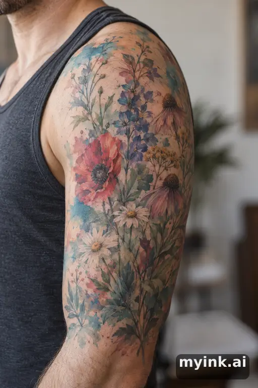 Botanical bouquet of wildflowers β Watercolor Half Sleeve Tattoo reference image