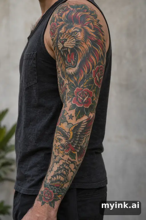 Roaring lion head — Traditional Sleeve Tattoo reference image