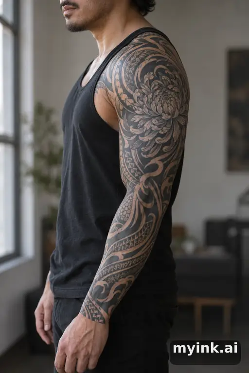 Chrysanthemum flower — Tribal Sleeve Tattoo reference image