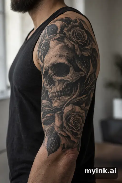 Skull with roses β Blackwork Half Sleeve Tattoo reference image