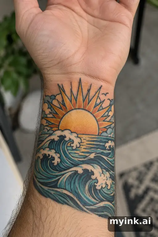 Rising sun over waves — Neo-Traditional Sun Tattoo reference image