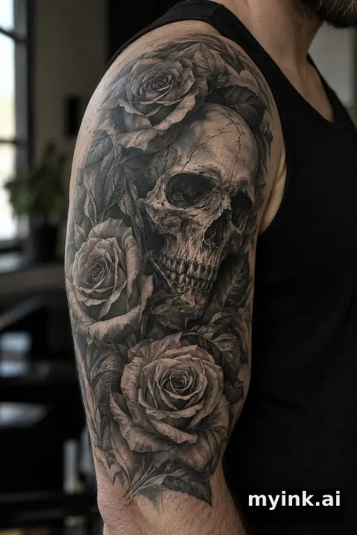 Skull with roses β Realistic Half Sleeve Tattoo reference image