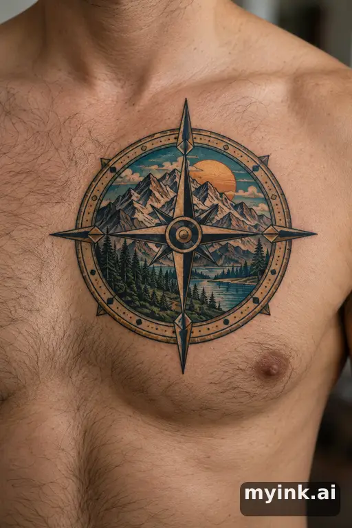 Compass with mountains inside β Neo-Traditional Compass Tattoo reference image
