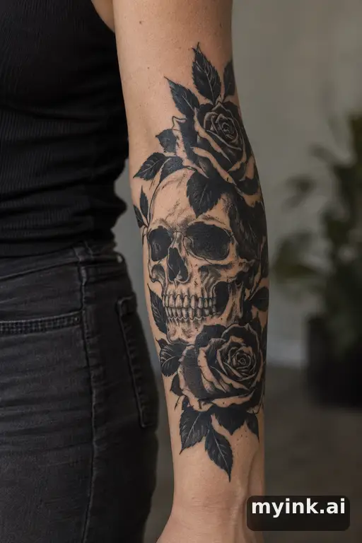 Skull with roses — Blackwork Forearm Tattoo reference image