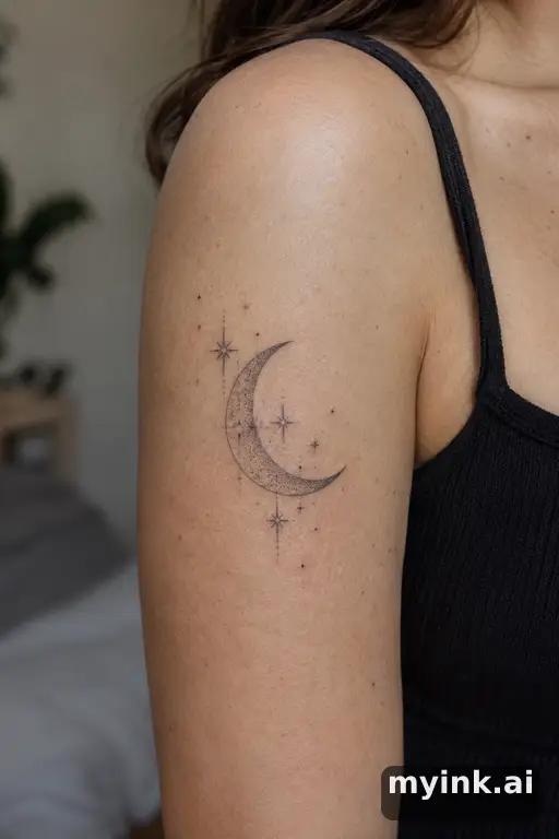 Crescent moon with stars — Fine Line Tattoo reference image