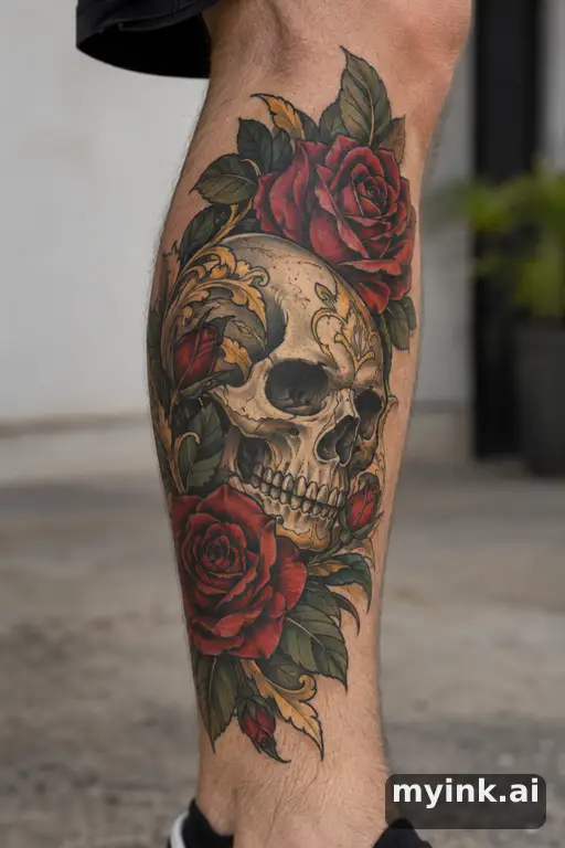 Skull with roses β Neo-Traditional Leg Tattoo reference image