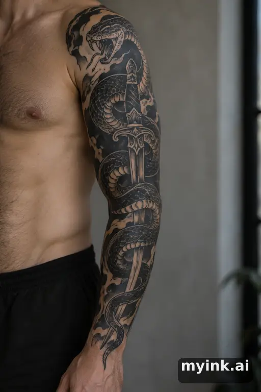 Snake wrapped around a dagger — Blackwork Sleeve Tattoo reference image