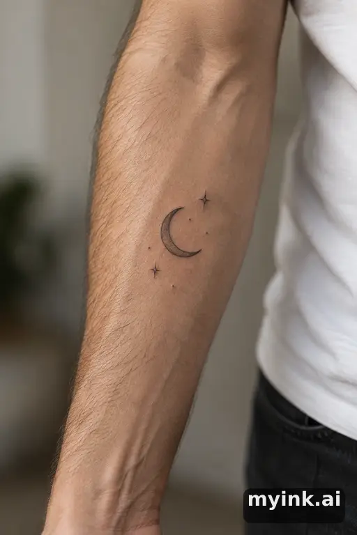 Crescent moon with stars — Minimalist Masculine Tattoo reference image