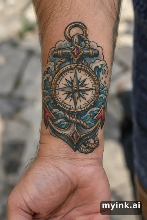 Compass with an anchor — Neo-Traditional Compass Tattoo reference image