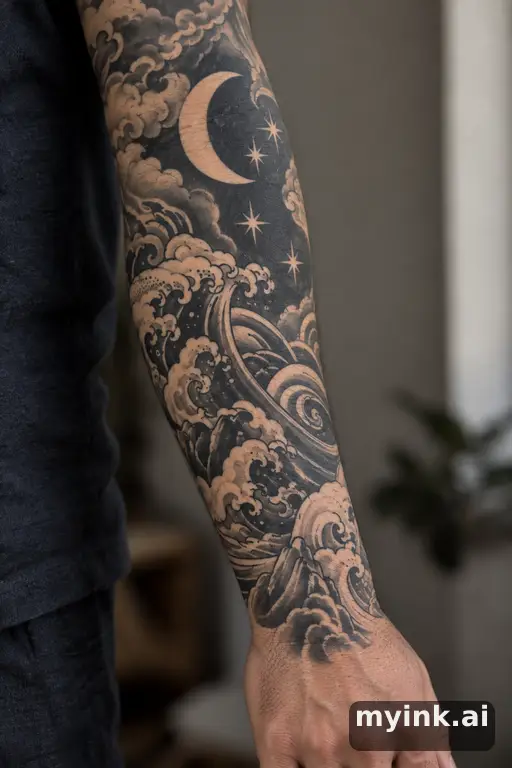 Crescent moon with stars — Japanese Forearm Tattoo reference image