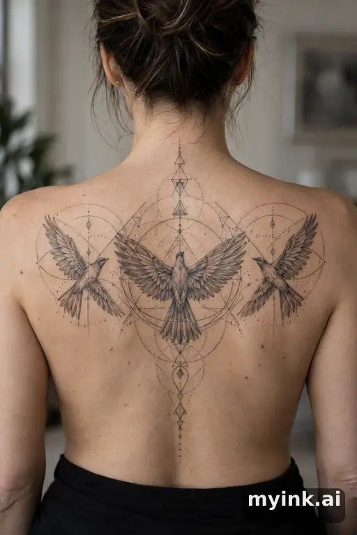 Three birds flying together — Geometric Family Tattoo reference image