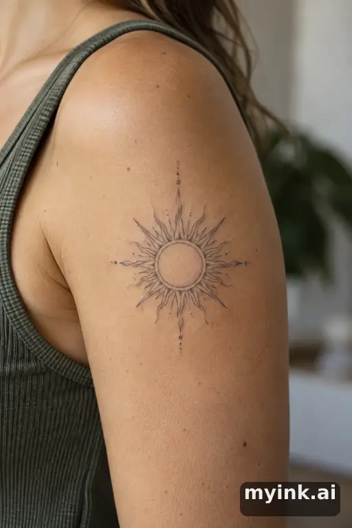 Sun with ornamental rays — Fine Line Tattoo reference image