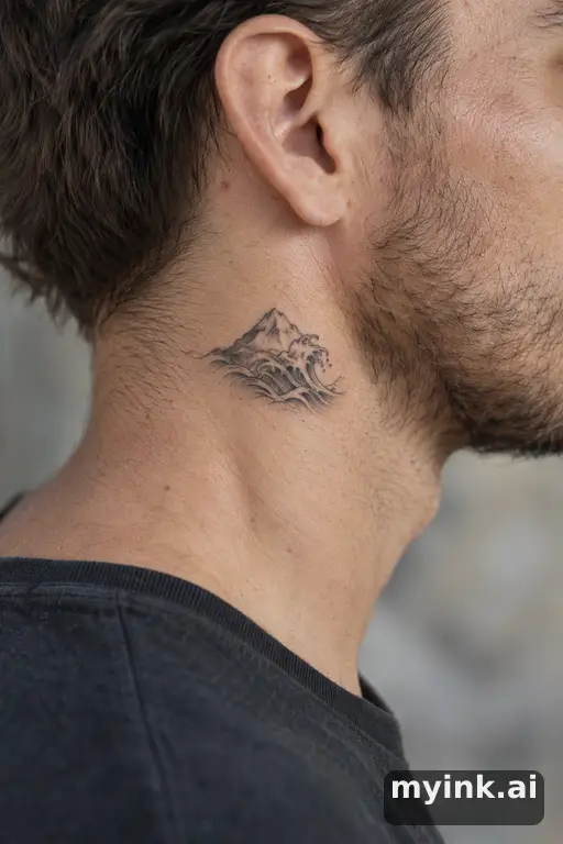 Tiny mountain outline — Japanese Neck Tattoo reference image