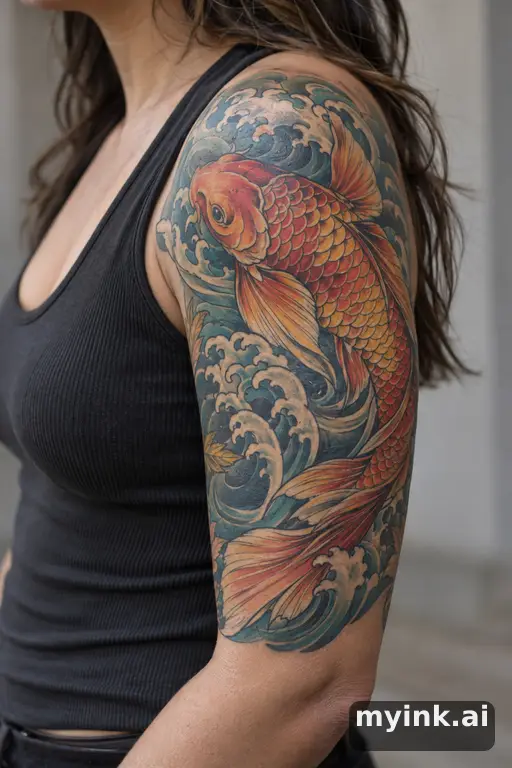 Koi fish in waves β Neo-Traditional Half Sleeve Tattoo reference image