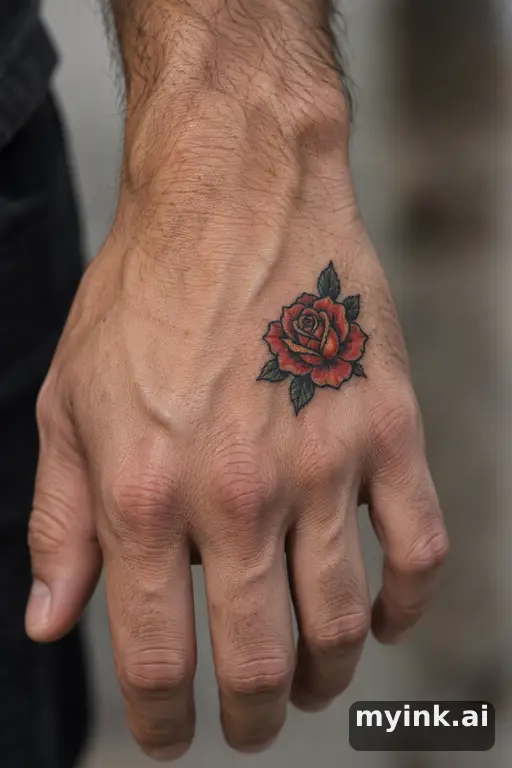 Tiny rose — Neo-Traditional Hand Tattoo reference image
