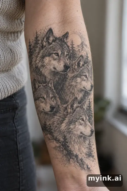 Wolf pack — Dotwork Family Tattoo reference image