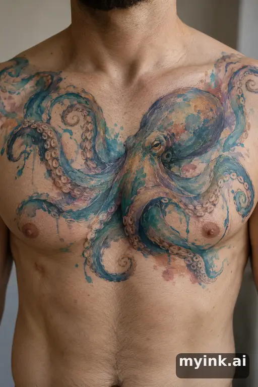 Octopus with curling tentacles — Watercolor Chest Tattoo reference image