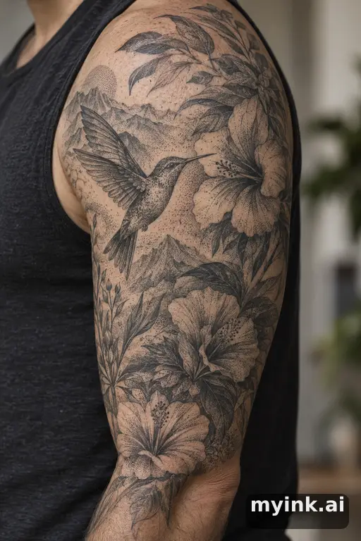 Hummingbird with flowers β Dotwork Half Sleeve Tattoo reference image