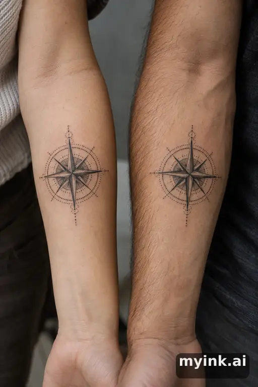 Matching compasses — Dotwork Matching Tattoo reference image