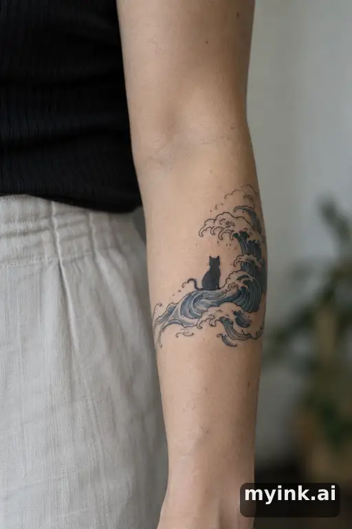 Tiny cat silhouette — Japanese Forearm Tattoo reference image