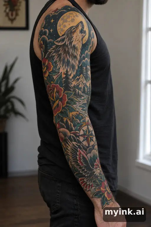 Wolf howling at the moon — Traditional Sleeve Tattoo reference image