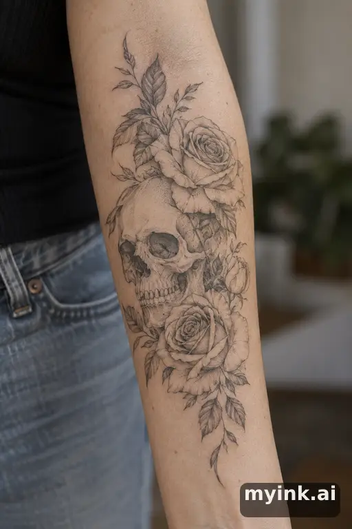 Skull with roses — Fine Line Tattoo for Women reference image