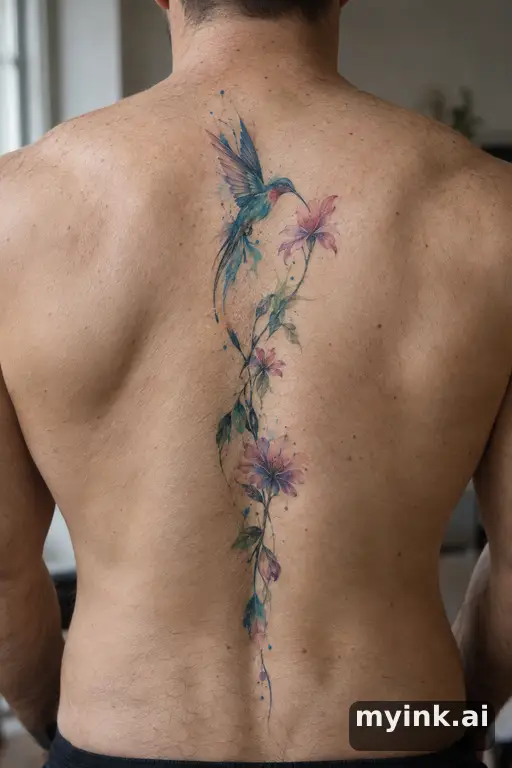 Hummingbird with flowers — Watercolor Spine Tattoo reference image