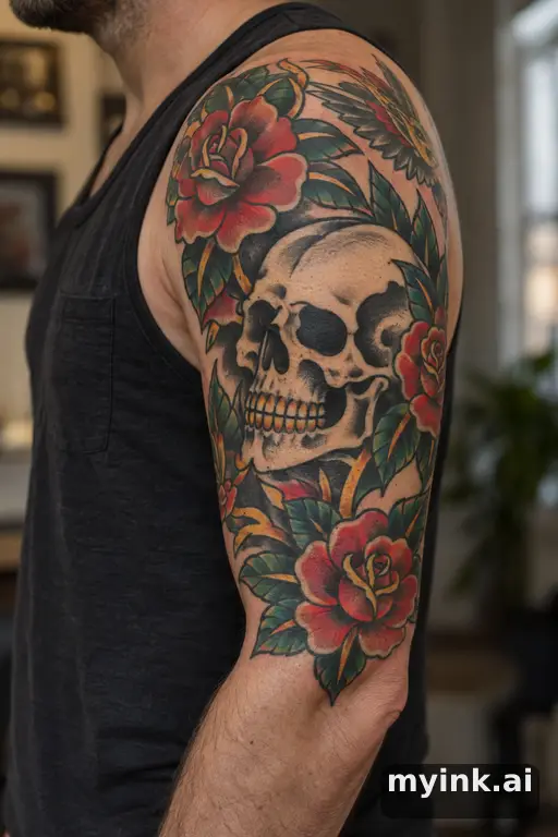 Skull tattoo idea: Skull with roses — Traditional Half Sleeve Tattoo reference image