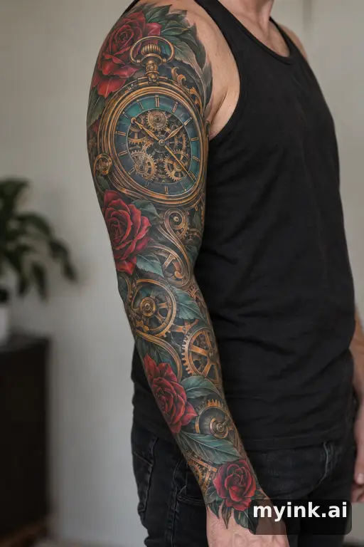 Pocket watch with exposed gears — Neo-Traditional Sleeve Tattoo reference image