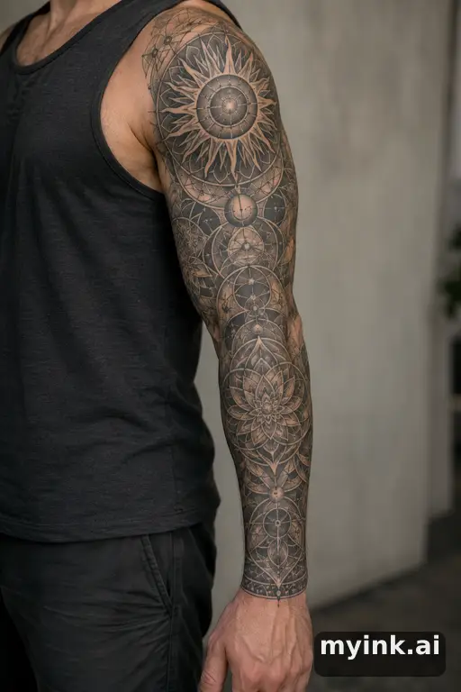 Sun with ornamental rays β Geometric Sleeve Tattoo reference image