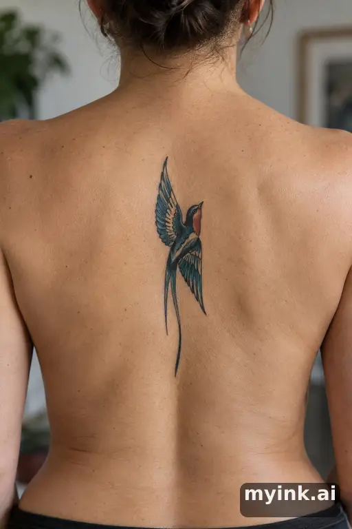Small swallow — Neo-Traditional Spine Tattoo reference image