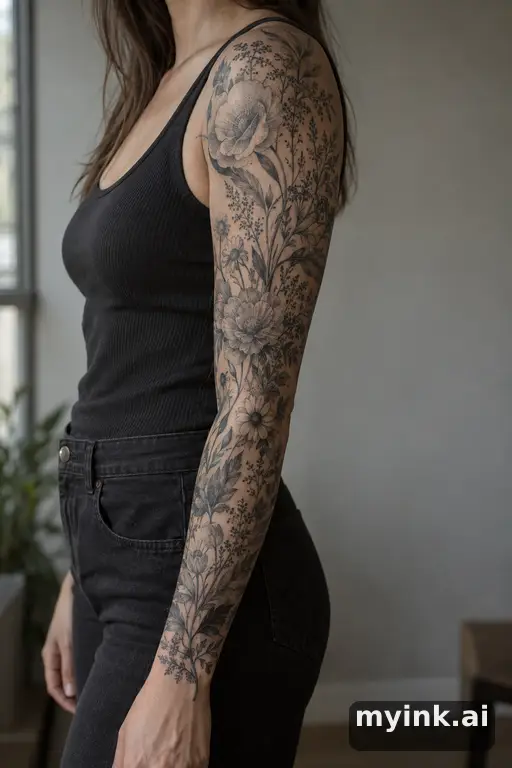 Botanical bouquet of wildflowers — Dotwork Sleeve Tattoo reference image
