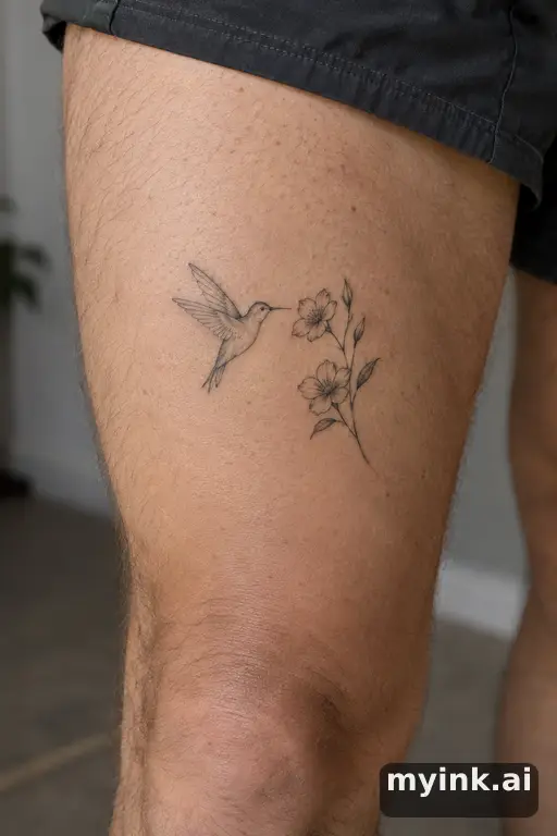 Hummingbird with flowers β Minimalist Thigh Tattoo reference image