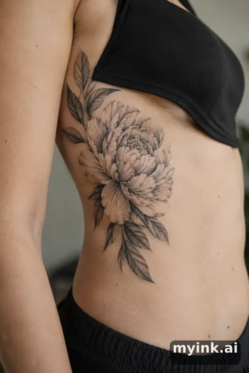 Blooming peony — Dotwork Rib Tattoo reference image