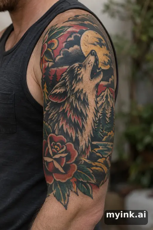 Wolf howling at the moon β Traditional Masculine Tattoo reference image