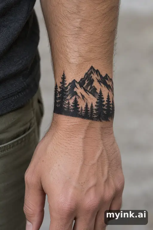 Mountain range with a family of pines — Blackwork Family Tattoo reference image