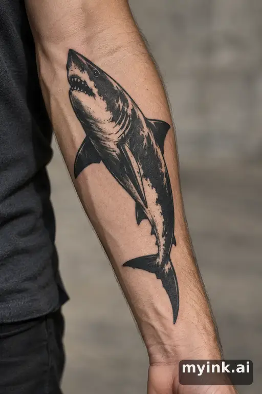 Great white shark — Blackwork Forearm Tattoo reference image