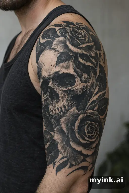 Skull with roses — Blackwork Masculine Tattoo reference image