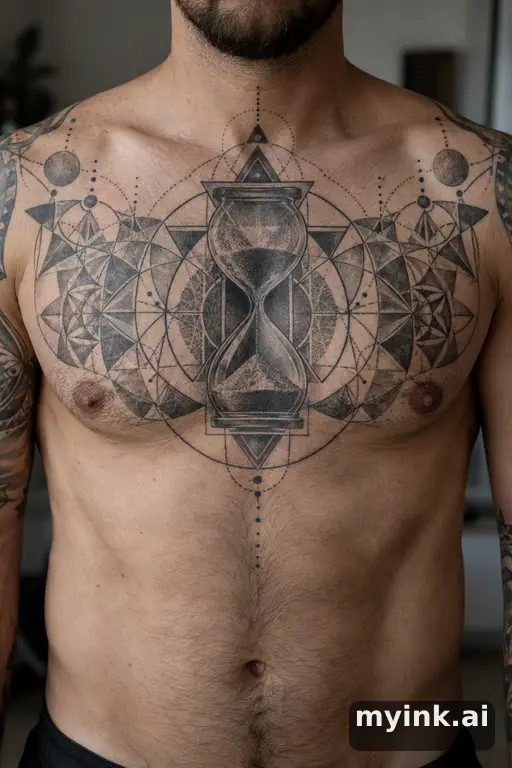 Hourglass with sand running β Geometric Chest Tattoo reference image
