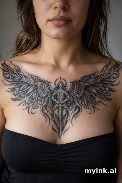 Warrior angel with spread wings — Tribal Chest Tattoo reference image