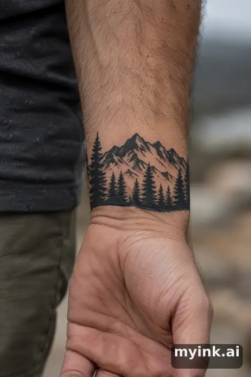 Mountain range with a family of pines — Blackwork Family Tattoo reference image