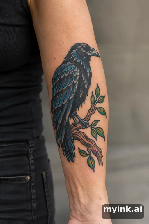 Raven perched on a branch — Traditional Forearm Tattoo reference image