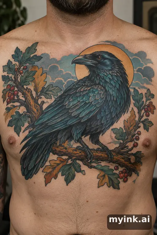 Raven perched on a branch — Neo-Traditional Chest Tattoo reference image