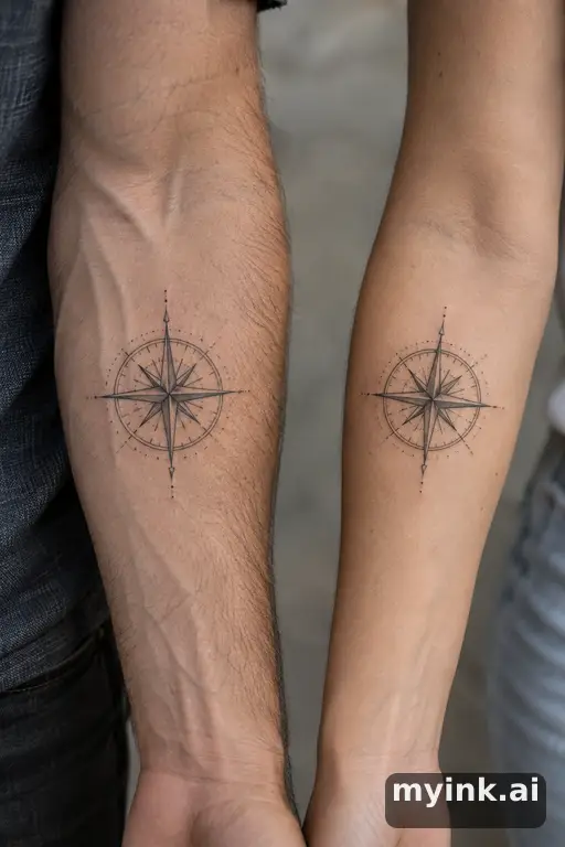 Matching compasses — Fine Line Matching Tattoo reference image