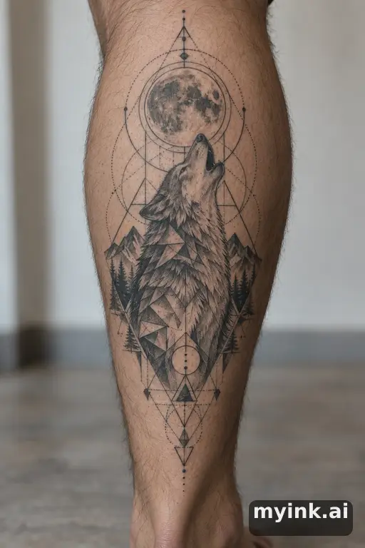 Wolf howling at the moon β Geometric Leg Tattoo reference image
