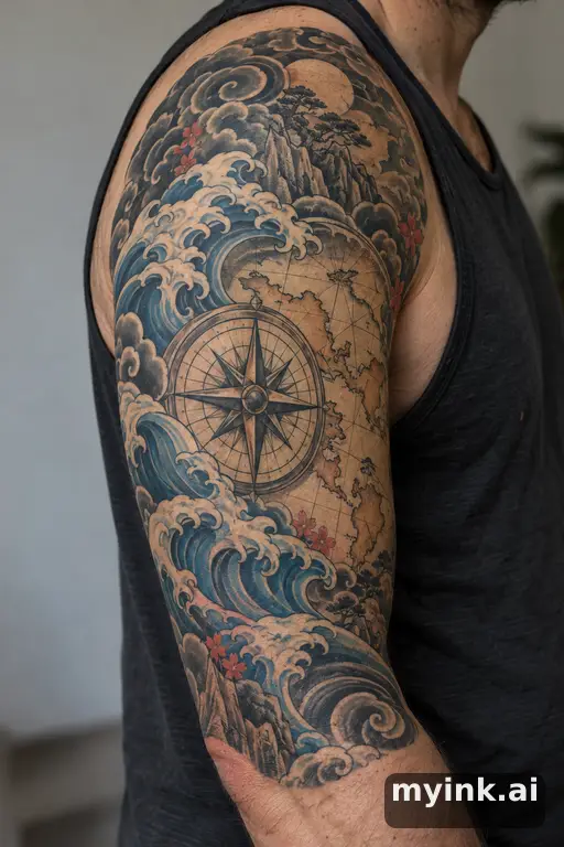 Compass over a vintage map β Japanese Half Sleeve Tattoo reference image